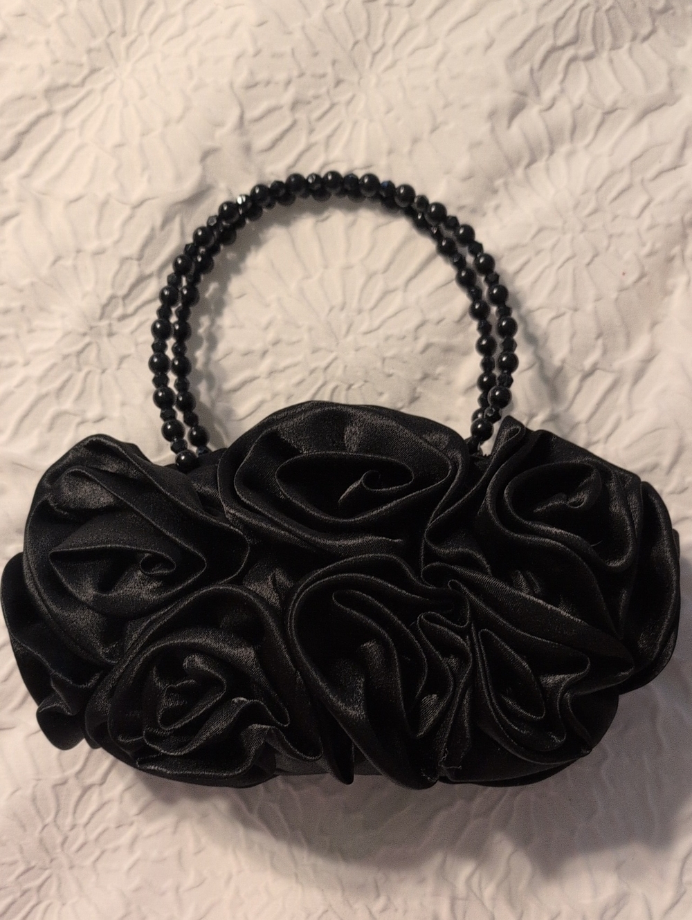 The Pyramid Collection Black Satin Rose Detail Evening Bag with Beaded Handles